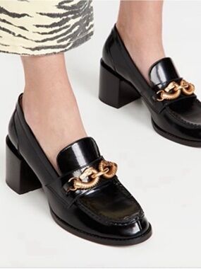 Tory Butch Black Leather Block Heel Loafers with Gold horse Chain size 7